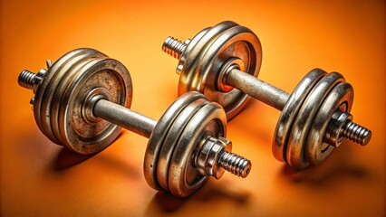 Naklejka premium Vintage Style Dumbbell Set Top View, Orange Background, Gym Fitness Equipment, Weights, Workout