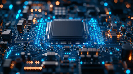 Obraz premium A close-up of an advanced microchip on the circuit board, symbolizing high-tech and computer technology concepts.