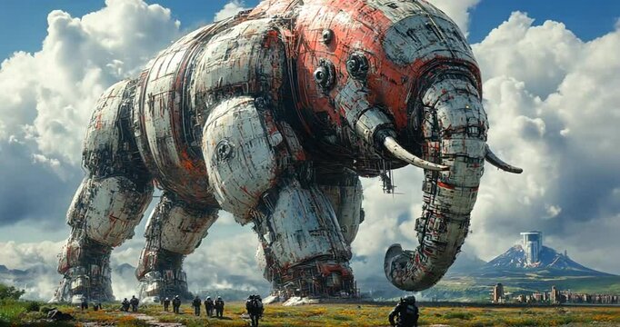 Giant robotic elephant, landscape, futuristic, walking