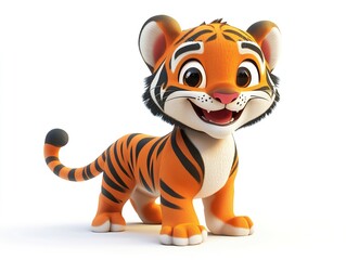 A cheerful tiger cub in vector illustration, standing on all fours with a happy expression, its bold orange and black markings clearly defined, isolated on a white backdrop.  