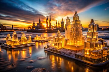 Obraz premium Vintage Sunset Cityscape: Illuminated Ice Sculptures Reflecting on Calm Water