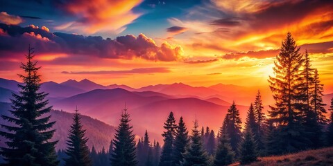 Vintage Sunset Mountain Landscape: Silhouetted Evergreens & Vibrant Sky