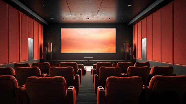 Cinema theater with movie scene on wide screen and empty chairs in the cinema hal