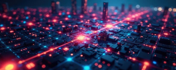 Fototapeta premium Abstract glowing network nodes forming a futuristic cityscape , circuit, background, web