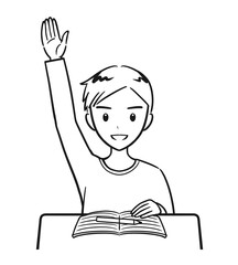 授業中に積極的に手を挙げる小学生の男の子（線画）