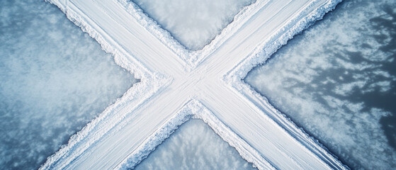Dynamic aerial view of snow-covered crossroads frozen lake image winter landscape bird's eye perspective nature's geometry