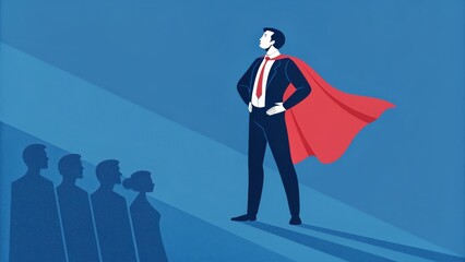 The Leader's Ascent: A determined leader with a flowing red cape stands confidently, casting a long shadow, leading their team towards success in a stylized business illustration.