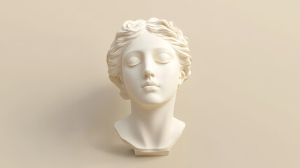 A white antique female head sculpture with closed eyes and hair, pastel background