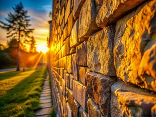 Warm Sunset Glow on Rustic Stone Wall - Candid Photography Stock Photo