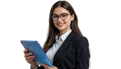 Portrait of a smiling young businesswoman wearing black blazer and holding a tablet with both hands isolated on white background. Suitable for marketing or business purposes. PNG file