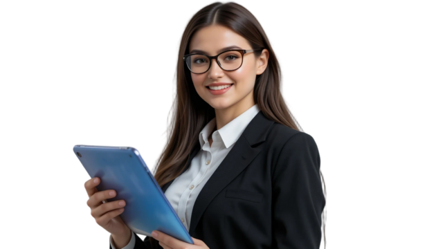 Portrait of a smiling young businesswoman wearing black blazer and holding a tablet with both hands isolated on white background. Suitable for marketing or business purposes. PNG file
