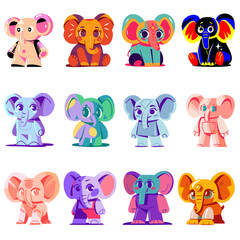 Obraz premium abstract elephant colors cartoon vector set in different emotion isolated on white background - Vector illustration