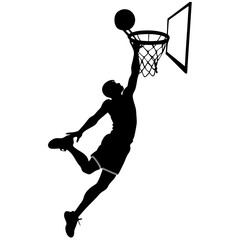 Silhouette of a basketball player soaring through the air, executing a powerful dunk into the hoop 