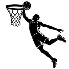 Silhouette of a basketball player soaring through the air, executing a powerful dunk into the hoop 