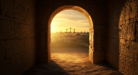 Three crosses on horizon viewed through stone arch during sunset