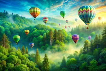 Fototapeta premium Watercolor Hot Air Balloons Soaring Over Lush Forest Landscape - Copy Space