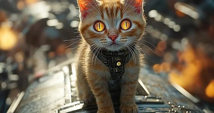 Tiny ginger cat futuristic scene, action