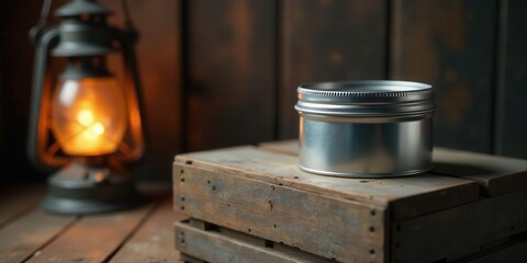 A rustic still life featuring a gleaming metal container atop a weathered wooden crate, illuminated by the warm glow of an antique oil lamp.