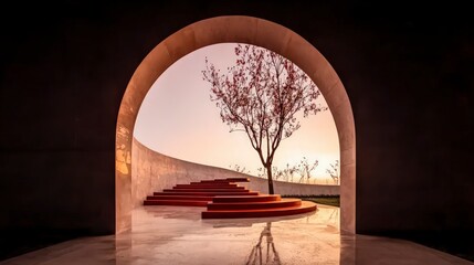 Sunset Serenity  Modern Architecture  Curved Staircase  Tree  Archway