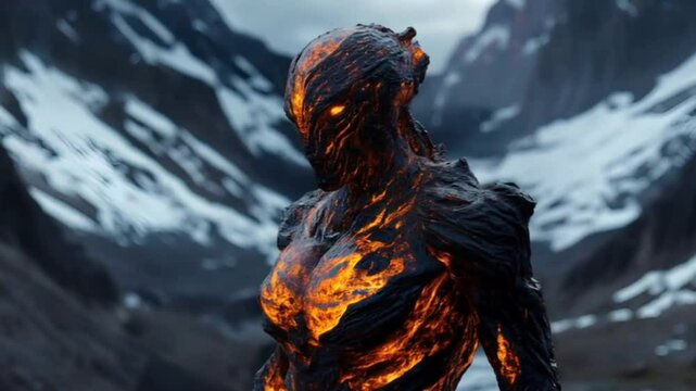 A fiery humanoid figure with molten lava skin stands in a snowy mountain landscape, glowing with intense heat. The contrast between fire and ice creates a powerful, otherworldly presence.