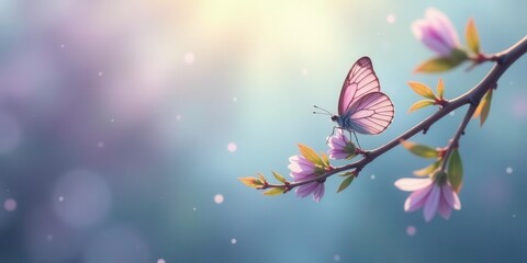 A Delicate Butterfly Rests on a Branch Adorned with Blooming Flowers in a Serene Natural Setting