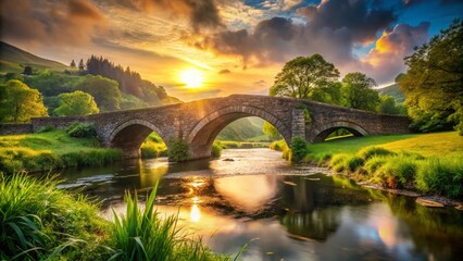 Obraz premium Welsh Countryside Bridge at Sunset, Bokeh Effect, Dramatic Landscape Photography