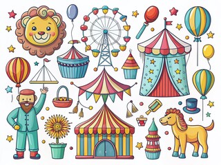 Obraz premium Whimsical Circus Hand-Drawn Illustrations: A Colorful Collection of Carnival Graphics