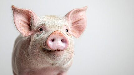 A cute and happy pig standing with its snout slightly raised, giving off a joyful and playful vibe, its charming expression highlighted against a pure white backdrop, telephoto shot.  