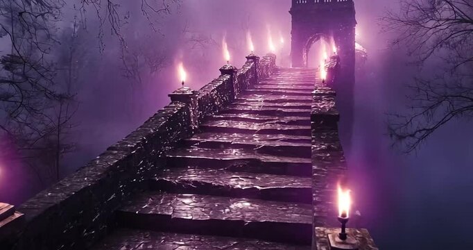 Misty night bridge with glowing torches