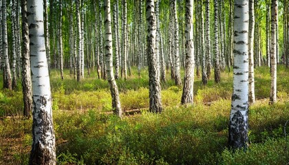 Fototapeta premium White birch tree grove in mixed forest, young tree trunks closeup- 5936