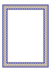 Rectangular golden blue Vertical Islamic Asian Kazakh national ornament frame. Elegant element in Eastern style, place for text. National pattern of the nomad, Kazakh, Kyrgyz, Mongol, Uzbek. A4 format
