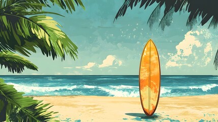 Summer Surfboard on Tropical Beach Paradise