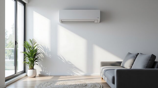 Cozy living room showing a modern air conditioner on white wall that efficiently cools the living space, bathed with natural light through glass door