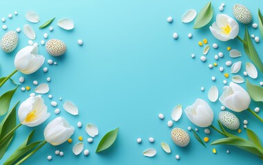 Delicate flowers and pearls on a serene blue backdrop, perfect for Easter celebrations.