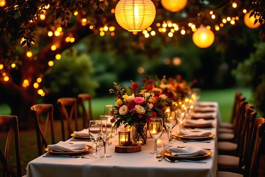 Elegant outdoor dinner table set showcases a long table setting adorned with vibrant flowers and candles beneath a canopy of twinkling string lights