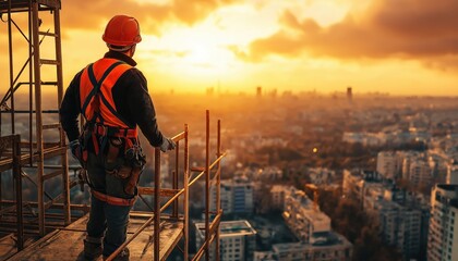 Construction Worker on Scaffolding at Sunset, Urban Cityscape Background