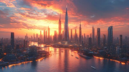 Fototapeta premium Futuristic city skyline at sunset, reflected in water.