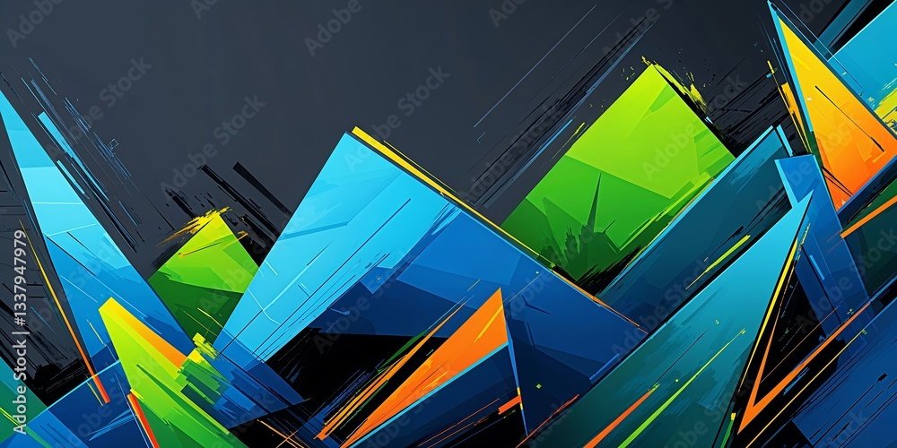 Poster a bold abstract pattern featuring overlapping angular shapes and linear textures, conveying energy a