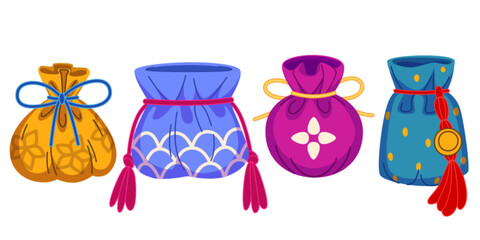 Oriental traditional lucky money bag. Chinese pouch vector illustration set - decorative sacks adorned with tassels, knots, patterns for lunar new year gift giving, spring festival surprise design.
