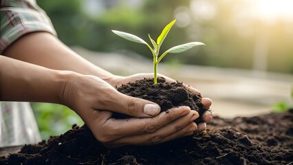Hands gently holding soil with sprouting green plant, symbolizing growth, care, and sustainability. Ideal for arbor day, environmental awareness, gardening, or nurturing nature