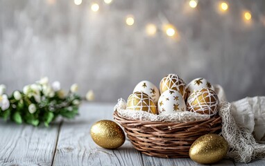 Obraz premium A basket holds golden and white eggs, beautifully displayed on a table for Easter celebrations.