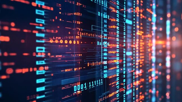 Abstract digital data stream with glowing blue and red binary code.