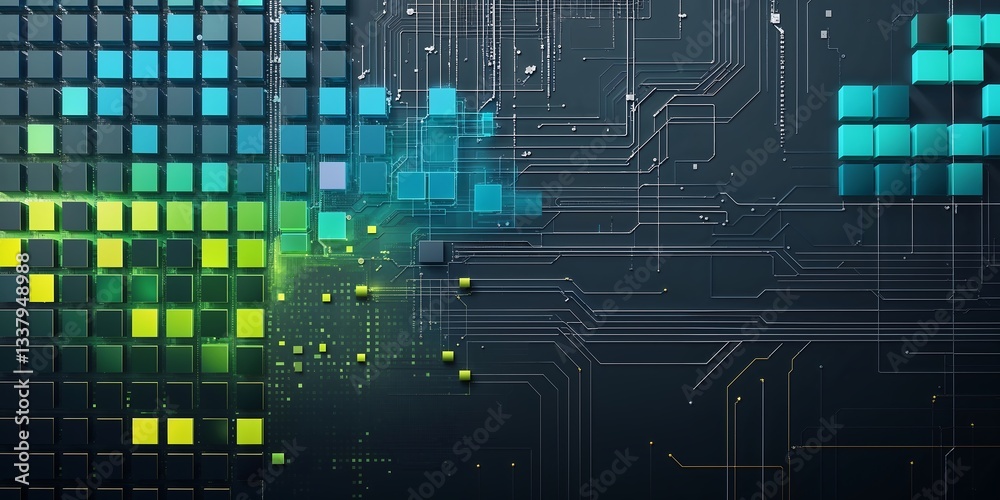 Poster a futuristic digital-themed background with pixelated square patterns and thin circuit-like lines, r