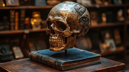 Bronze skull model on antique book in library.