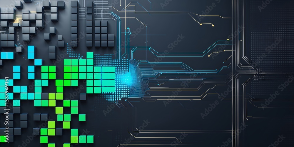 Poster a futuristic digital-themed background with pixelated square patterns and thin circuit-like lines, r