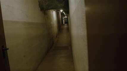 A narrow corridor with plain concrete walls, dim industrial lighting, and exposed ductwork overhead. It leads to a distant, brighter room, adding a sense of unease and isolation.