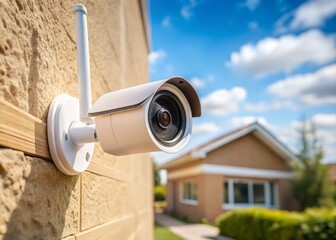 Wireless Waterproof Outdoor CCTV IP Camera Security System on House Wall with Copy Space