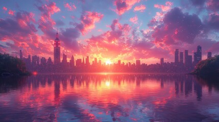 Naklejka premium Vibrant sunrise over city skyline reflected in calm water.