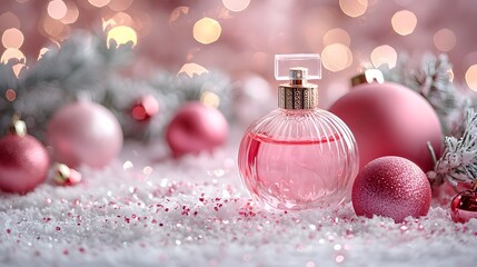 Festive Pink Perfume Bottle with Christmas Ornaments and Sparkling Snow