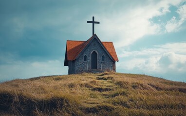 Fototapeta premium A serene church on a hilltop adorned with a cross, symbolizing faith and Easter celebration.